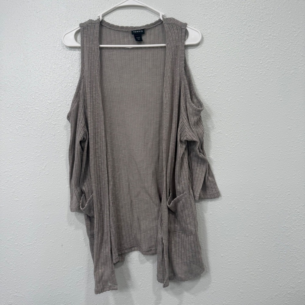Torrid Grey Cold Shoulder Open Front Cardigan Pockets Plus Size 2